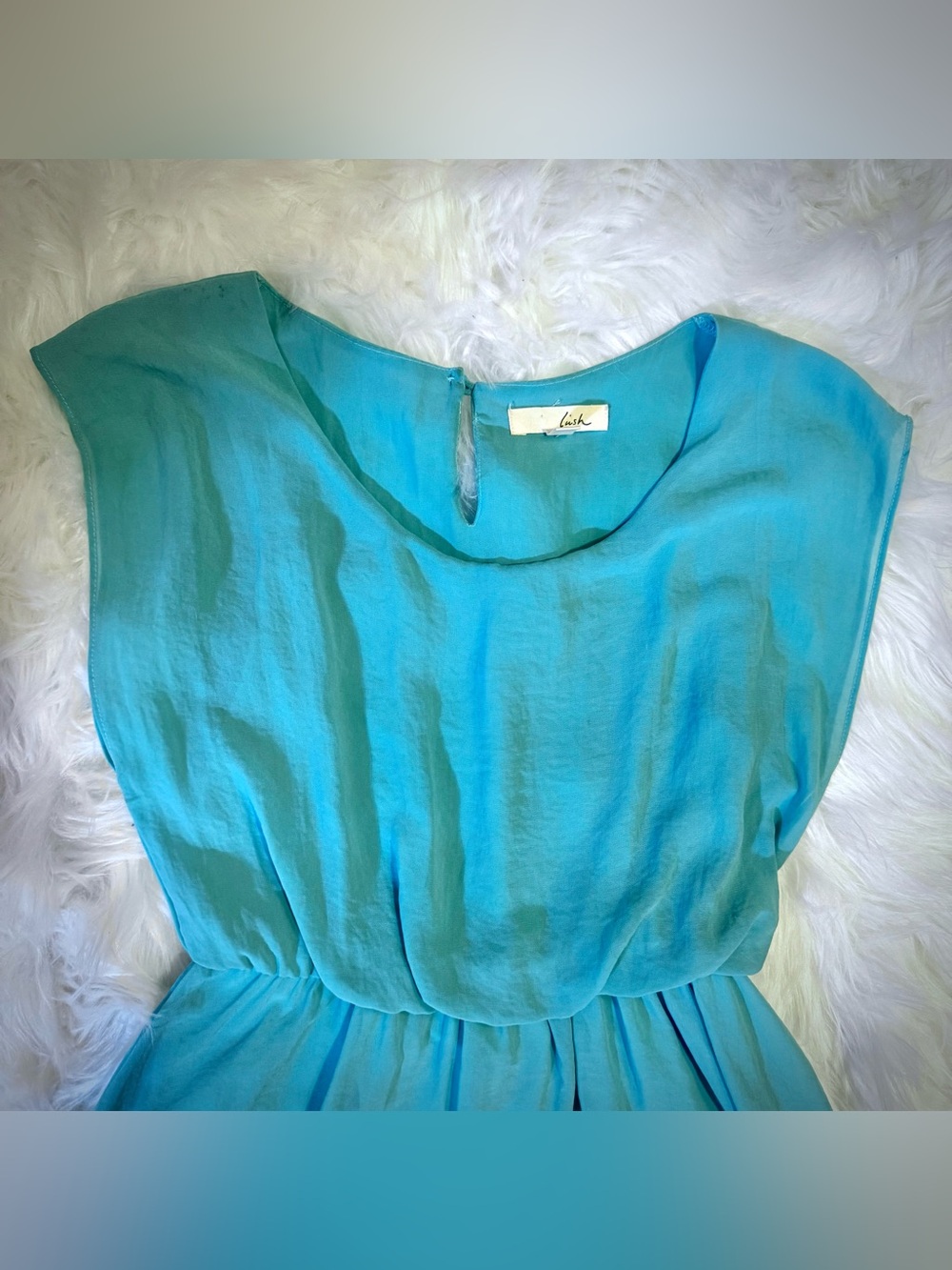 Lush Teal Turquoise Chiffon Mini Dress XS Flowy Elastic Waist Sheer Overlay - Picture 3 of 13